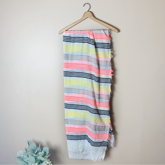 [Steve Madden] Bold Colorful Navy, Yellow & Pink Striped Frayed Edge Scarf - Picture 1 of 5